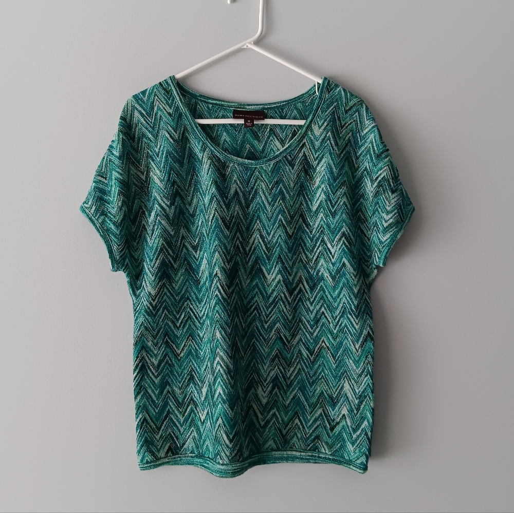 Dana Buchman Knit Dolman Short Sleeve Sweater Chevron Aqua White Metallic Medium